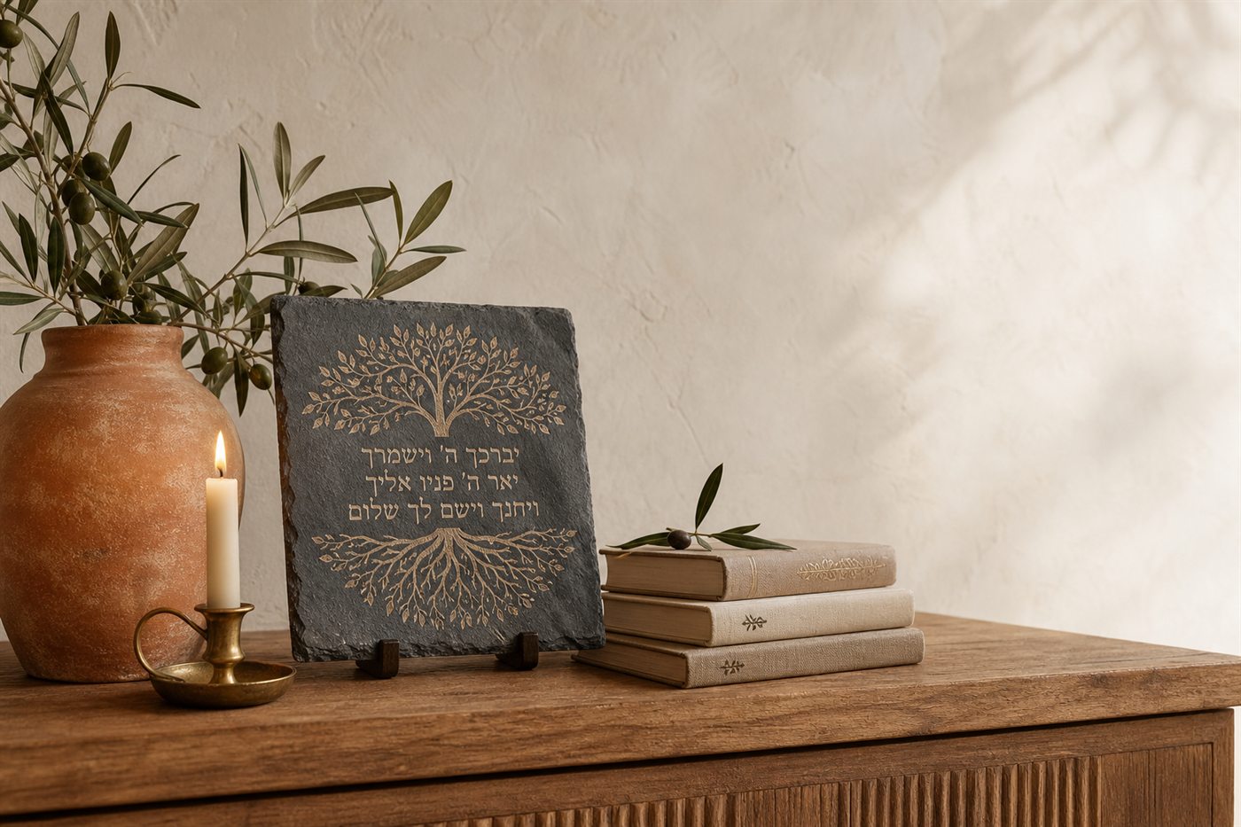 Engraved slate Hebrew blessing plaque with an olive branch, candle and ceramic vase on a warm wood console