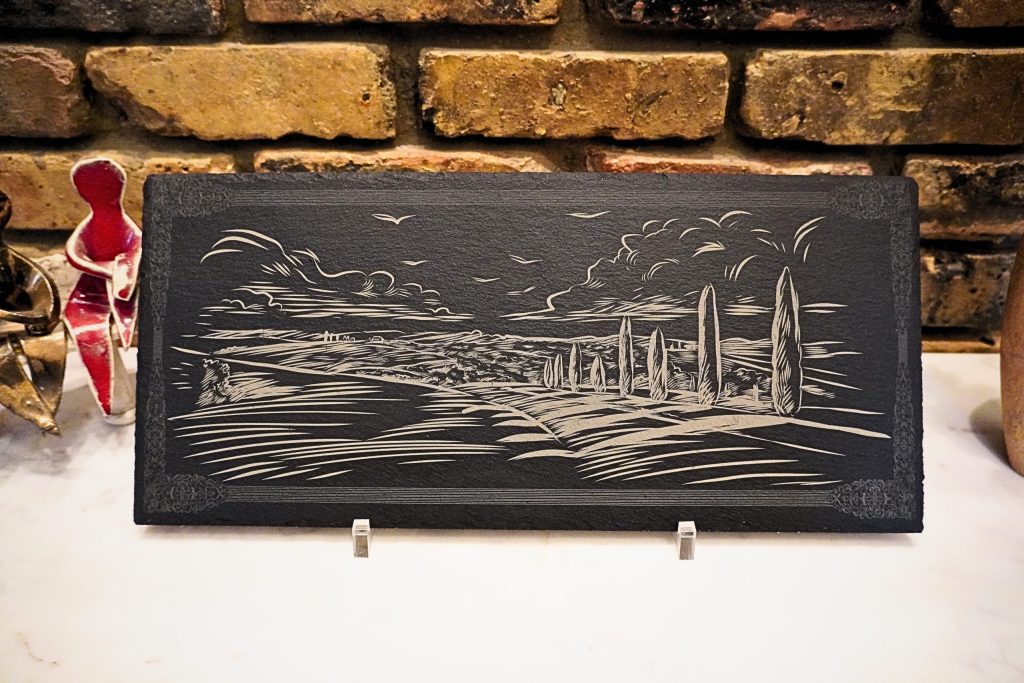 Tuscan Countryside Engraved Slate Plaque | Rustic Italian Landscape Wall Art | Elegant Black Slate Home Décor