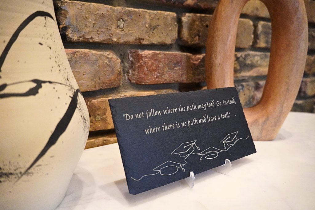 "Leave a Trail" Graduation Acacia / Black Slate Plaque